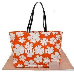 MIU MIU Floral Canvas Beach Bag Tote Orange and White